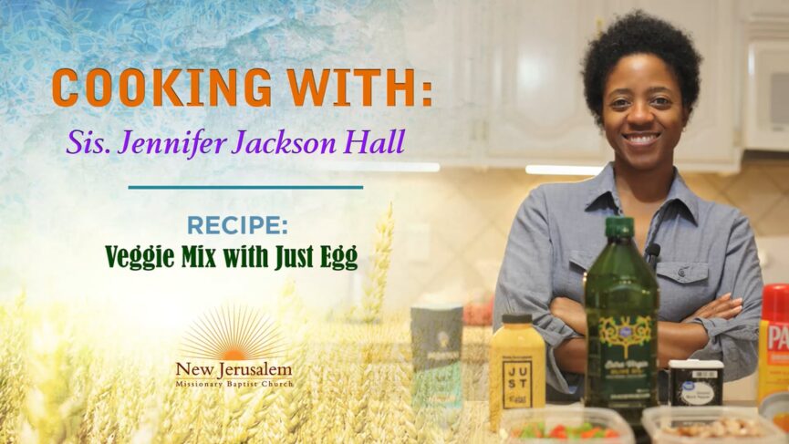 Jennifer Jackson Hall, African American Women cooking a Daniel Fast Recipe with veggies and Just Egg